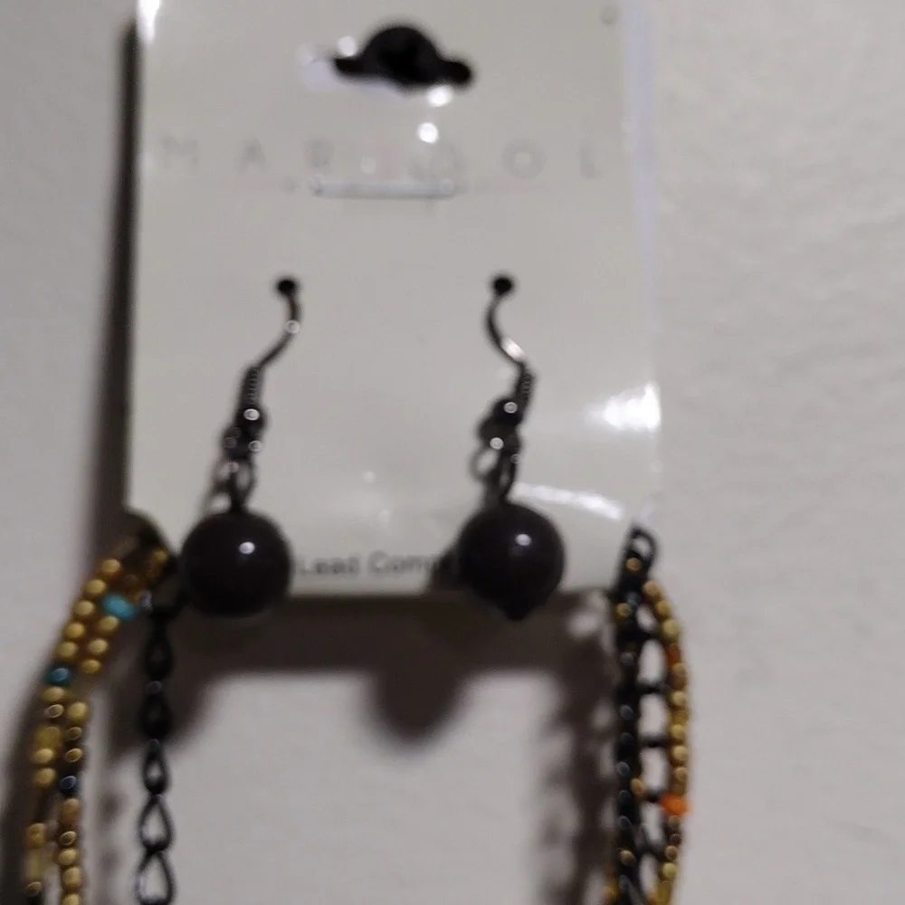 Women's Colorful Beads Black Chain Layered Necklace w/ Matching Earrings, 22+2